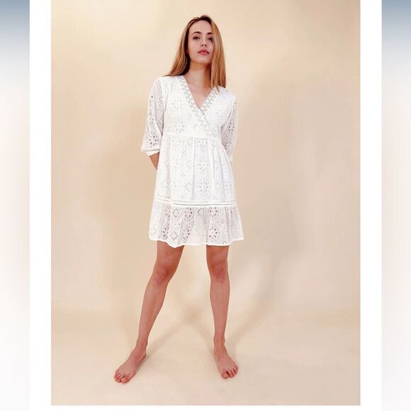 Debbie Katz White Eyelet 3/4 Sleeve  Women's Bree Mini Dress Sz Small - Picture 1 of 9